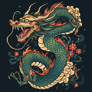 Chinese Dragon Tattoo Design 2d Illustration. Traditional Mystical Creature Vector