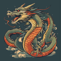 Chinese Dragon tattoo design 2d illustration. Traditional mystical creature vector
