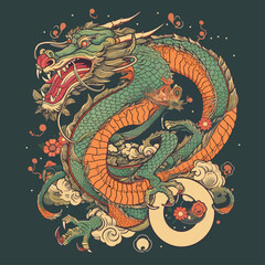 Chinese Dragon tattoo design 2d illustration. Traditional mystical creature vector