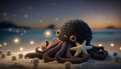 A cute octopus in a shell on a night sandy sea beach, a knitted toy made of expensive dark textile. Character for children's stories and fairy tales. Created with AI.