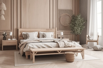 Scandinavian style bedroom mockup with natural wood furniture and a beige color scheme, blank mockups on wall, generative AI