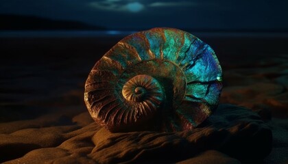 An ancient find on the night coast of the ocean, an ammonite shell from ammolite thrown onto a sandy beach. Created in AI.