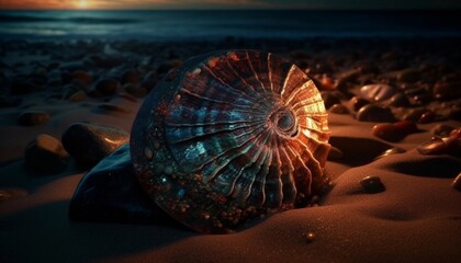 An ancient find on the night coast of the ocean, an ammonite shell from ammolite thrown onto a sandy beach. Created in AI.