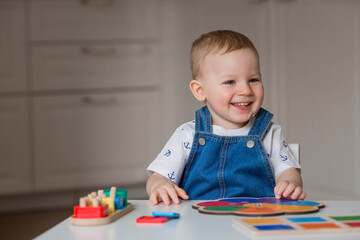 A little boy is playing educational logic games. Children's wooden toys. Sorter. Montessori for child development.