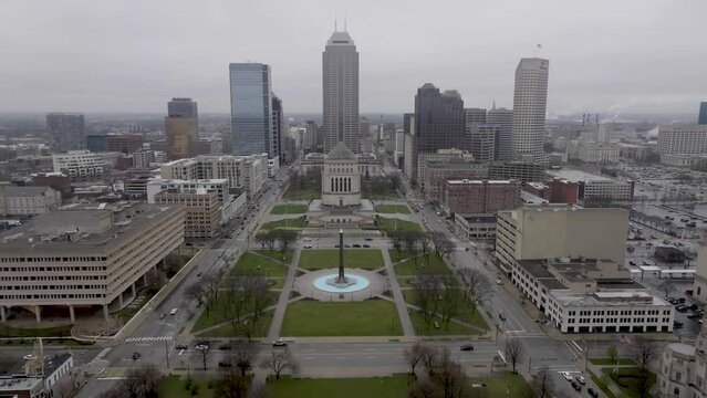 Veterans' Memorial Plaza in downtown Indianapolis with drone video wide shot moving right to left.