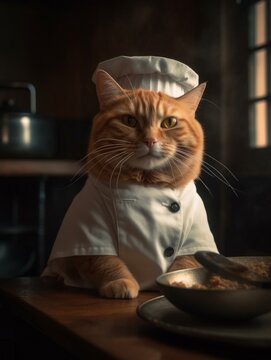 Gorgeous red fat cat in the image of a chef. Prepares dinner in a homely atmosphere. Created with AI.