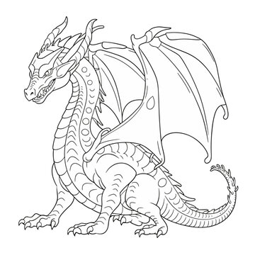 Chinese Dragon black and white drawing design 2d illustration. Traditional mystical creature vector coloring page