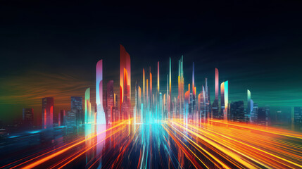 Futuristic skyscraper and road transportation technology with digital data transfer. High speed light trail of cars. Internet of things. generative AI.