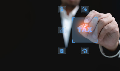 tax return concept,Financial research,government taxes and calculation,Tax and Vat concept,Individual income tax paid and corporations,Businessman with virtual screen