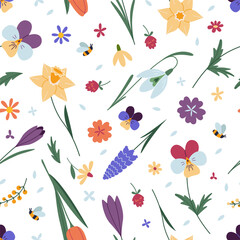 Seamless pattern with various spring flowers, floral design on white background, cartoon style. Trendy modern vector illustration, hand drawn, flat