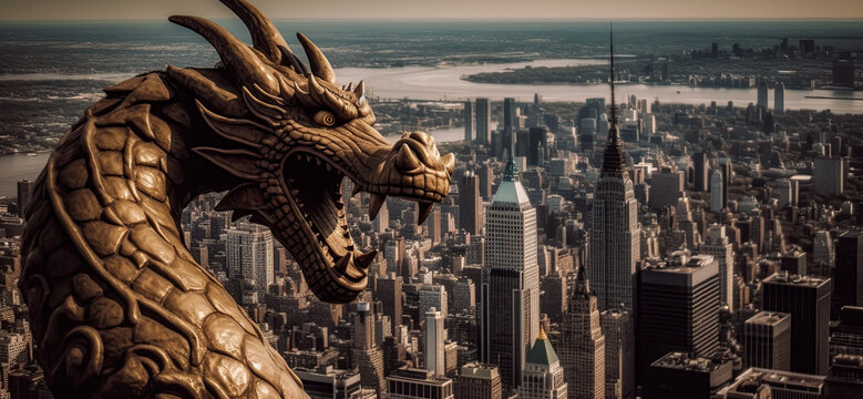 Chinese dragon over the New York city. China overtaking US economy. Generative Ai illustration