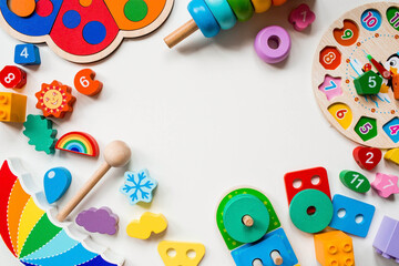 Fototapeta na wymiar Children's wooden toy. Sorter on a white isolated background.. Educational logic toys for children. Montessori Games for child development.