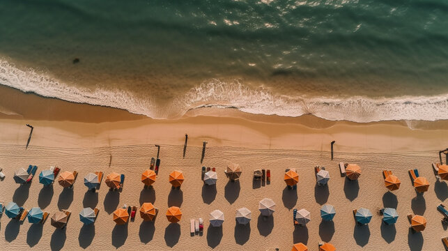 Travel, Beautiful top down aerial view to beach umbrellas