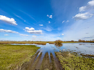 A spring road under a bright blue sky goes into the distance through flood-flooded fields