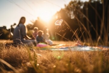 A Group Of People Sitting In A Field With A Kite Flying In The Air Urban Park At Golden Hour Portrait Photography Estate Planning Generative AI