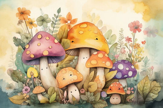 Create a colorful and charming watercolor image of a group of smiling mushrooms surrounded by vibrant and playful flowers of different shapes and sizes