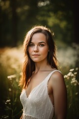 Naklejka premium Portrait of a young woman in her twenties standing in a wild, overgrown meadow wearing a shoulder-free wedding dress, radiating joy and positive energy. Created with generative A.I. technology.