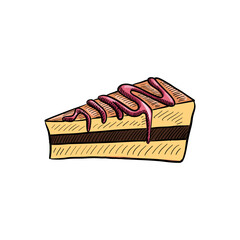 vector drawing sketch of piece of cake with jam, hand drawn illustration at white background