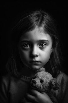Monochrome image of a young child girl, looking sad or shy and holding her teddy bear tightly, evoking a sense of innocence, vulnerability, and emotional depth. Created with generative A.I. technology