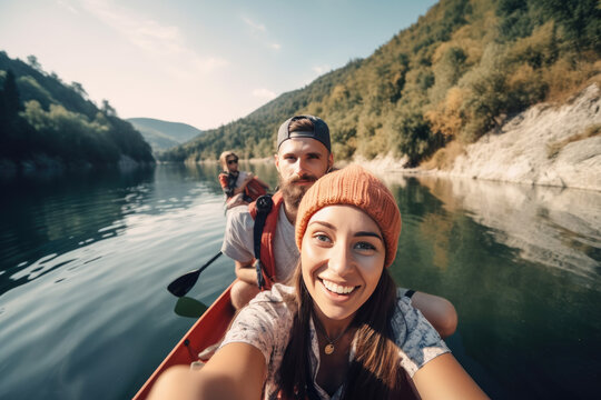 Selfie of young cute lovely couple in hats canoeing kayaking on river in boat on sunny day nature outdoors, created with Generative AI.