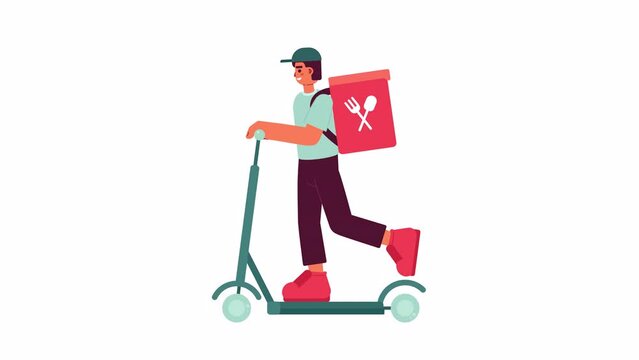 Food delivery on e scooter animation. Fastfood courier with backpack riding isolated 2D cartoon flat character 4K video footage on white background with alpha channel transparency for web design