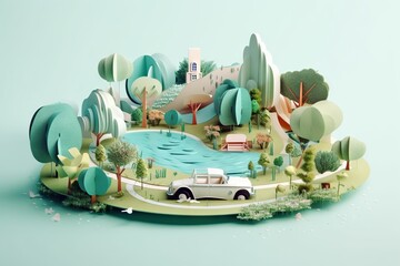 A Paper Cut Of A Car Parked In A Park With A Lake National Park Paper Cutting Motion Graphics Generative AI