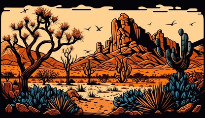 AI Generative. AI Generated. Mountain desert texas landscape. Wild west western adventure explore inspirational vibe. Graphic Art Illustration.