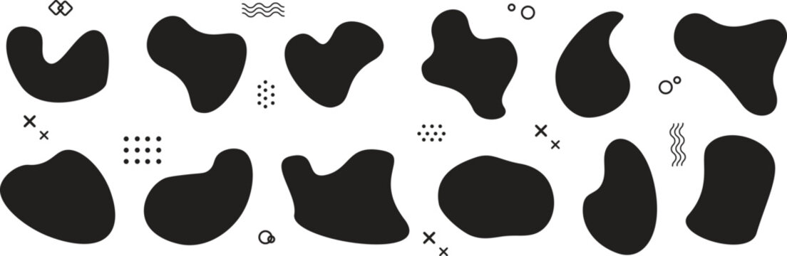 liquid shadows random shapes. Organic amoeba blob shape abstract black color with line vector illustration isolated on transparent background. Vector illustration