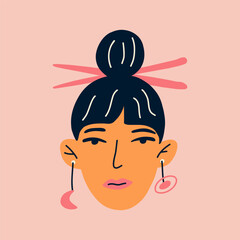 Portrait of a beautiful asian woman with jewelry in her ear. Avatar of ethnic female character isolated on background. Hand drawn vector illustration for postcards, posters, social network.