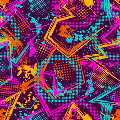 Abstract neon pattern with splattered paint, paint brush strokes, broken lines, halftone shapes. Dense chaotic composition For apparel, fabric, textile, sport goods, vinyl wrap Grunge texture © OA_Creation