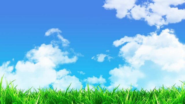 4K animation of clouds flowing in the blue sky (with green grass)