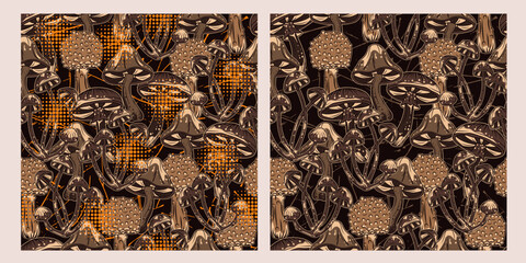 Set of brown camouflage patterns with fantasy mushrooms, bright orange halftone shapes like flash. Dark textured background behind. Good for apparel, clothing, fabric, textile, sport goods.