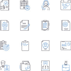 Record keeping line icons collection. Organization, Documentation, Archiving, Cataloguing, Filing, Accounting, Management vector and linear illustration. Retention,Ledger,Logbook outline signs set
