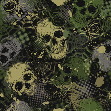 Green khaki grunge camouflage pattern with human skulls, spiders, spiderweb, blots, halftone shapes. Random chaotic composition. Good for apparel, clothing, fabric, textile, sport goods.