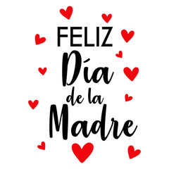 Letras de la palabra Feliz Día de la Madre en texto manuscrito en español con corazones para su uso en felicitaciones y tarjetas