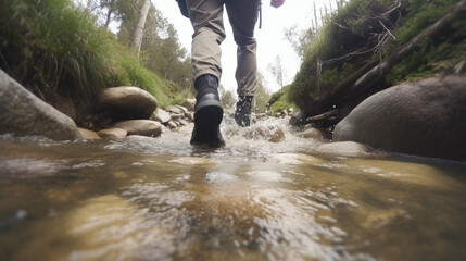 Hiker crossing stream. bottom view