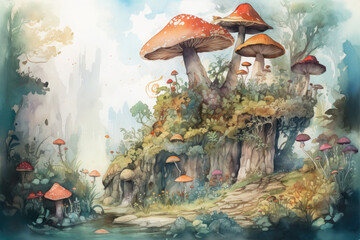a watercolor landscape of a fairy tale forest with friendly mushrooms growing all around and a clear blue sky overhead