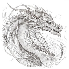 Chinese Dragon black and white drawing design 2d illustration. Traditional mystical creature vector coloring page