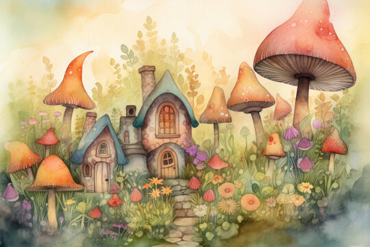 Illustrate a detailed and charming watercolor painting of a group of mushroom houses nestled among a colorful and playful garden of flowers and plants