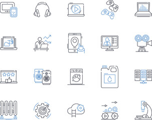Contraptions line icons collection. Gadgetry, Rube Goldberg, Ingenious, Mechanisms, Inventions, Devices, Gizmos vector and linear illustration. Automatons,Widgetry,Constructions outline signs set