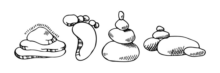 Different types of stones. Decorative rocks for relax and spa. Vector hand drawn pictures in doodle style. Line art illustrations