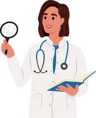 Curiosity concept. The woman is a doctor with a tablet and a stethoscope, standing looking at something with a magnifying glass.