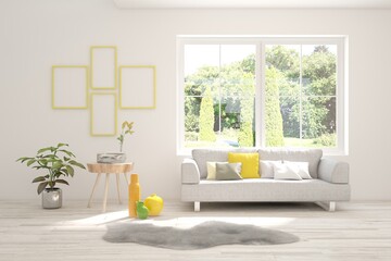 Bright interior design with modern furniture and summer landscape in window. 3D illustration