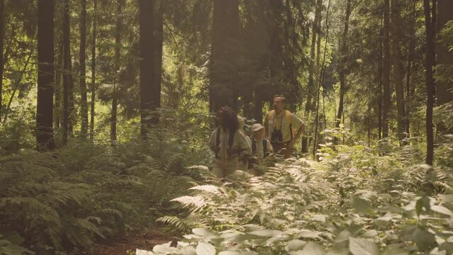 Full length shot of group of diverse elementary age cub scouts with adult leader examining forest territory in summer