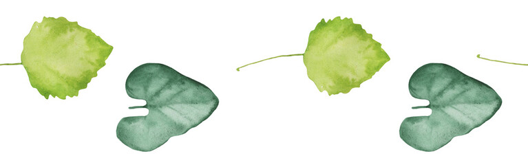 Watercolor frame - illustration with green leaves and branches and golden elements, for wedding stationery, congratulations, wallpapers and more on white bacground.