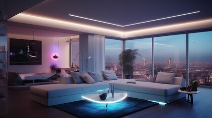 Fototapeta na wymiar Futuristic Cityscape Living Room 3. Generative AI