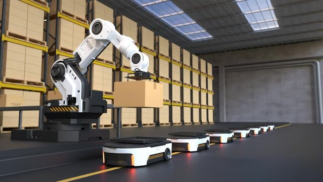 The Robot arm picks up the box for Autonomous Robot transportation in warehouses, Warehouse automation concept