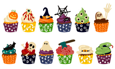 A large set of cupcakes for Halloween in the style of Flat. Eerily decorated cupcakes, themed little cakes for October 31 and a scary dessert set of cartoon vector illustrations. Baking for Halloween
