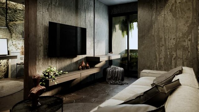 Modern loft and industrial style studio apartment room interior design and decoration with sofa, tv shelf in 4K video. 3d rendering