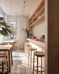 A Long Table With Stools And A Plant In A Room Coffee Shop Ceramics Interior Design Generative AI
